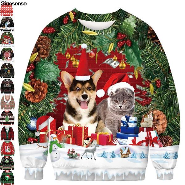 

men's sweaters ugly christmas crewneck sweatshirt novelty 3d funny dog cat printed long sleeve autumn holiday pullover xmas jumpers, White;black