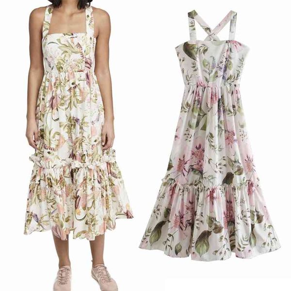 Abito estivo da donna Bohemia Abito senza maniche con stampa floreale Impiombato Dolce Moda femminile Elegante Abiti a-line Abiti Vestidos 210513