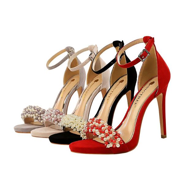 

sandals 2021 summer red women party dress open toe super high bride wedding shoes ladies crystal peal thin heels suede, Black