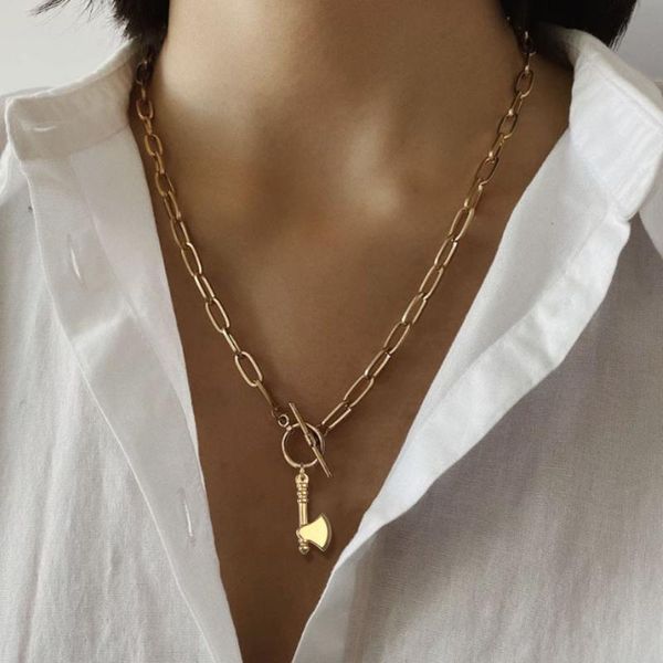 

pendant necklaces stainless steel axe toggle necklace for women men gold color square thick chain ot buckle long choker punk, Silver