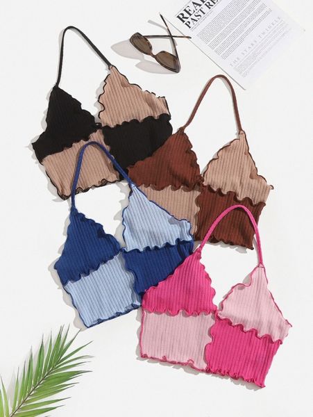 

4pcs lettuce trim colorblock halter z5mn#, White