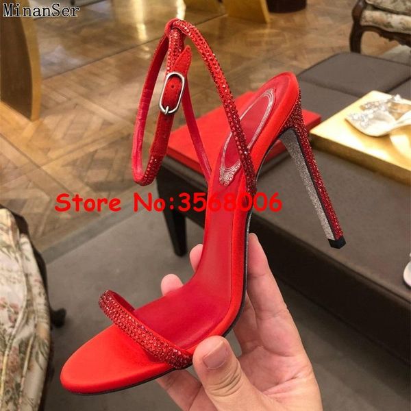 

ankle wrap crystal open toe sandals thin heels stiletto rhinestone embellished party dress high classic woman pumps shoes, Black