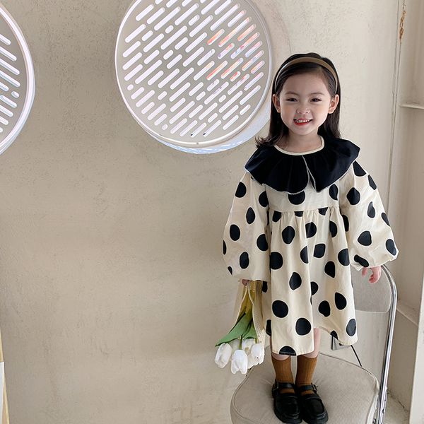

2021 spring autumn girls cotton dot print vintage dress lantern-sleeve turn-down collar cute children dress 2-8y, Red;yellow