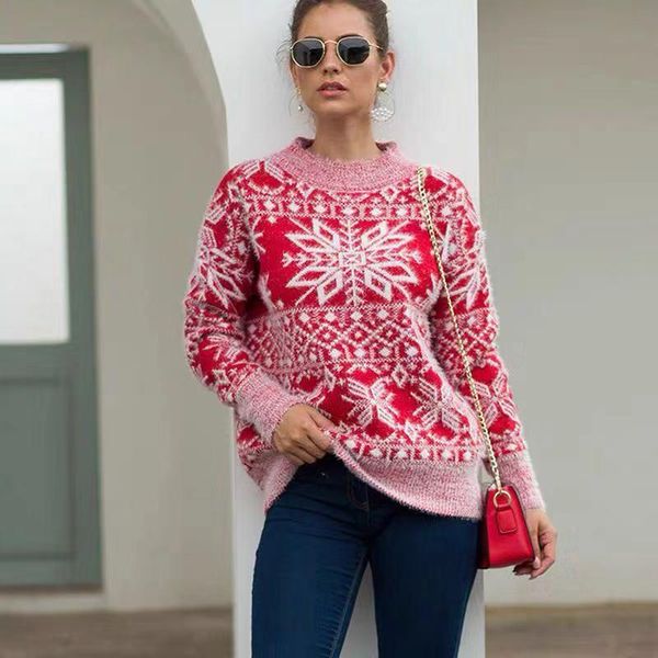 

women's sweaters 2021 autumn and winter ladies christmas women print snowflake pullover, White;black
