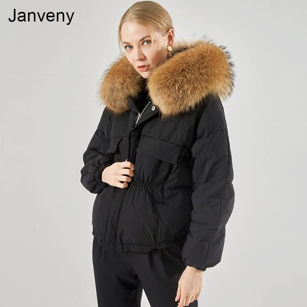 

janveny large real raccoon fur hooded 2021 down jacket women winter 90% duck down puffer coat loose short female feather parkas, Black