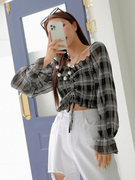 

dazy tartan drawstring ruffle trim flounce sleeve blouse c0o7#, White