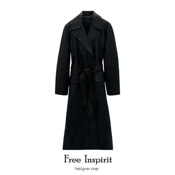 

women's leather & faux 2021 inspirit arrival female office lady fashion matching turn-down collar double button warm winter x-long, Black