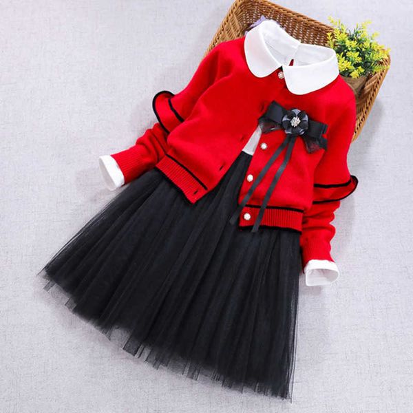 Mode Kinder Mädchen Kleidung 2 Stück Set Rote Strickjacke Pullover Mantel Langarm Baumwolle Mesh Patchwork Kleid Prinzessin Mädchen Kleidung 210713
