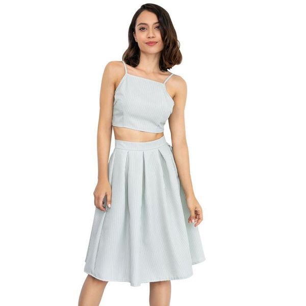 

two piece dress summer women striped pieces set slim strapless crop and, White