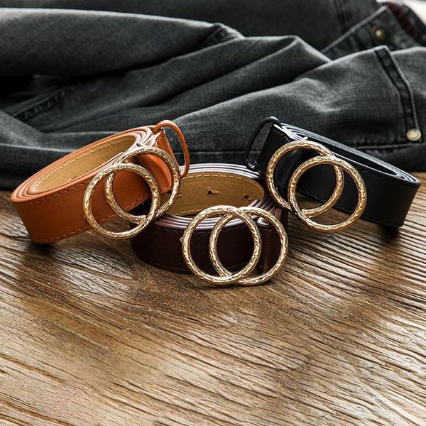 

belts double round buckle pu women's belt fashion matching dress jeans casual decoration for women designer, Black;brown