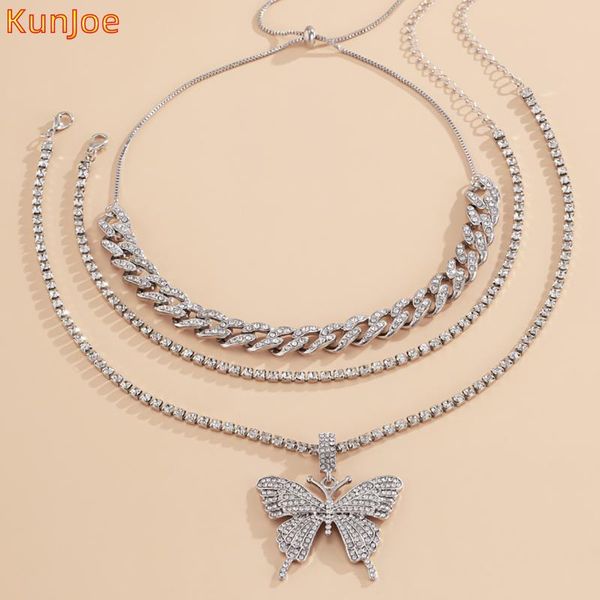 

kunjoe 3pcs/set fashion vintage butterfly necklace iced out cuban link chain hip hop jewellery pendant women rhinestones choker necklaces, Silver