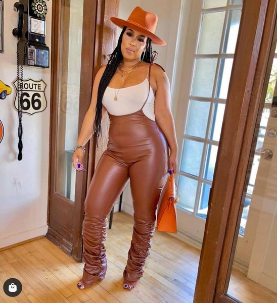 

women's pants & capris rmsfe 2021 spring and autumn women fashion solid color conical pleated leather suspender, Black;white