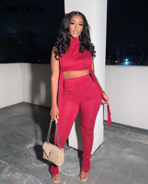 

cm.yaya active sweatsuit set tie womenpant up crop and stacked flare pants suit sport tracksuit two piece fitness outfit, White