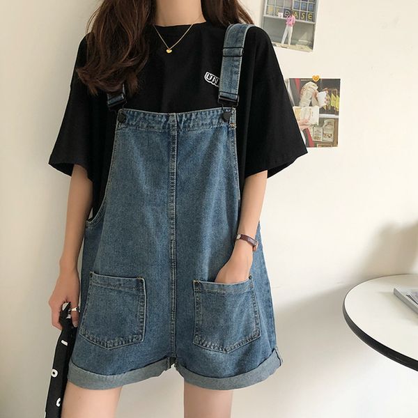 SML Sommer Koreaner adrette Stil Jumpsuit Denim Overalls Casual Girls Vintage Roll Up Wide Bein Jeans Shorts Womens (78121) 210423