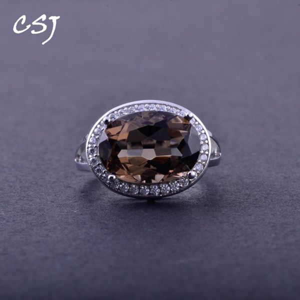 

cluster rings csj smoky quartz sterling 925 silver natural gemstone oval cut 10*14mm women lady wedding engagment party gift box, Golden;silver