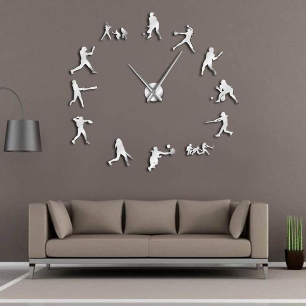 

wall clocks softball female players diy oversized clock mirror effect home decor women sports gift big metal needles giant watch