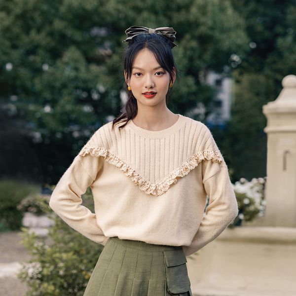 

women's sweaters autumn sweet lady elegant trico jumper romantic ruffled color loose sweater huvy, White;black