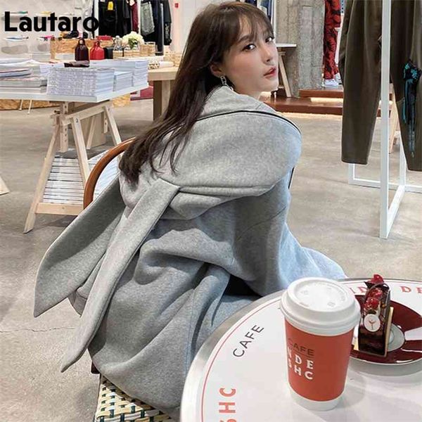 

lautaro spring kawaii harajuku black bunny hoodie with really long ears zipper y2k cute oversized sweatshirt women fashion 210813