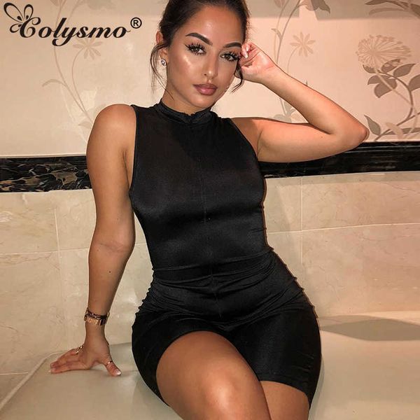 Colyso Summer Romper Mulheres Sem Mangas Zipéis Sexy Bodycon Playsuit Sólida Cor Activewear Jumpsuit Casual Streetwear Preto 210527