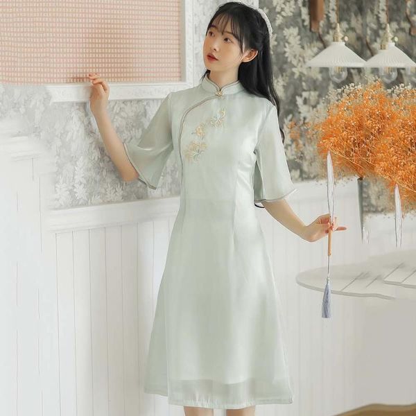 

ethnic clothing embroidery floral qipao improved a-line mesh women chinese dress elegant mandarin collar flare sleeve cheongsam vestido, Red