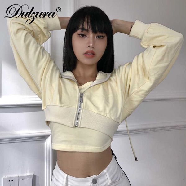 

solid women hoodies coats short jacket with camis crop zipper loose oversized streetwear 2021 autumn winter casual, Black;white