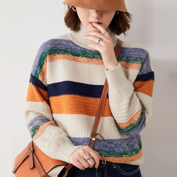 

women's sweaters wool sweater high neck loose short rainbow stripe base harajuku striped, White;black