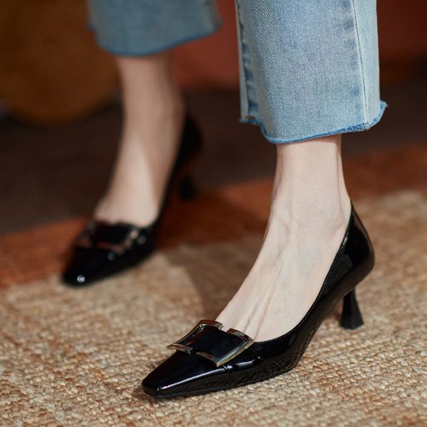 

6 colors women pumps square toe boat shoes patent leather dress shoes high heels metal ol office ladies shoe zapatos mujer 9123n, Black