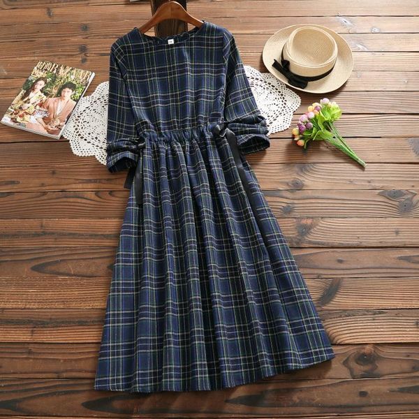 

casual dresses vintage autumn spring women plaid dress mori girl cotton linen elegant female vestidos long sleeve loose, Black;gray