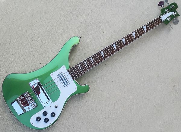 

4 strings metallic green electric bass guitar with white pickguard,rosewood fretboard,providing customized service