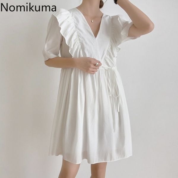 

nomikuma elegant ruffles v neck summer cotton dress women solid color slim waist short sleeve dresses korean vestidos 3b731 210514, Black;gray