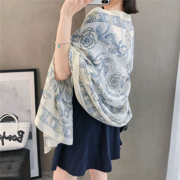 

pretty women's spring and summer lightweight scarf seaside vacation sunscreen gray blue shawl beautiful printing silky breathable shawl, Blue;gray