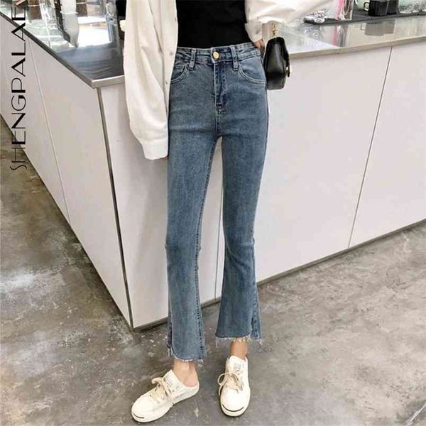 

retro high waist jeans women's spring large size solod color straight denim ankle-length flare pants 5a1092 210427, Blue