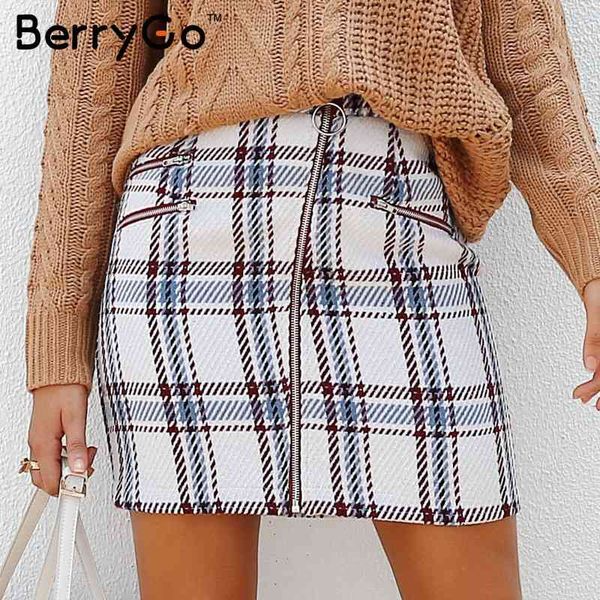 

berrygo elegant front zipper tweed mini skirt plaid women fashion cute wrap for ladies autumn lining winter 210513, Black