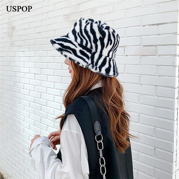

bucket hats zebra pattern hat winter thick warm velvet wide brim, Blue;gray