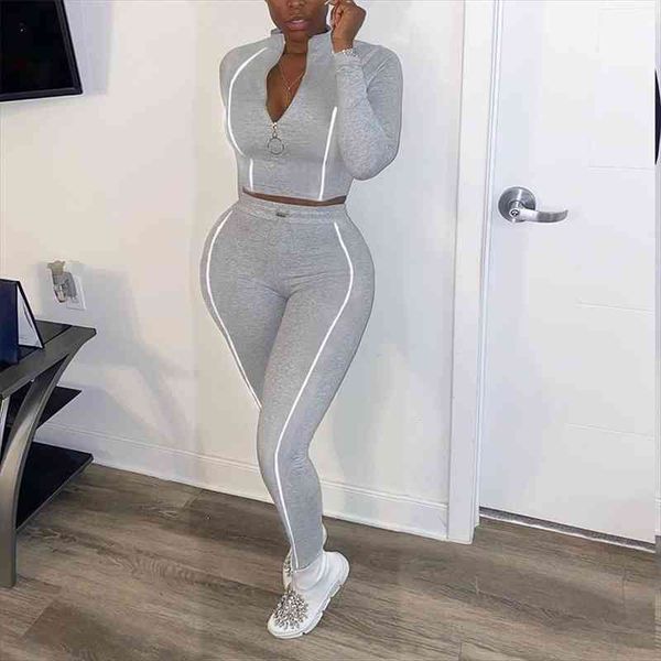 

two piece set womenpant jumpsuit long sleeve zip side striped bodycon pants tracksuit fall women outfits matching sets, White