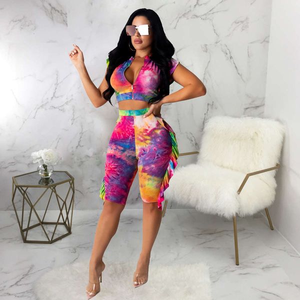 

2021 new women's fashion tie dyed round neck home leisure sports shorts set, White