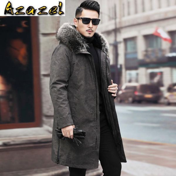 

men's leather & faux azazel 2021 real fur coat men parkas winter jacket raccoon dog collar liner long mens jackets and coats 19-5202, Black