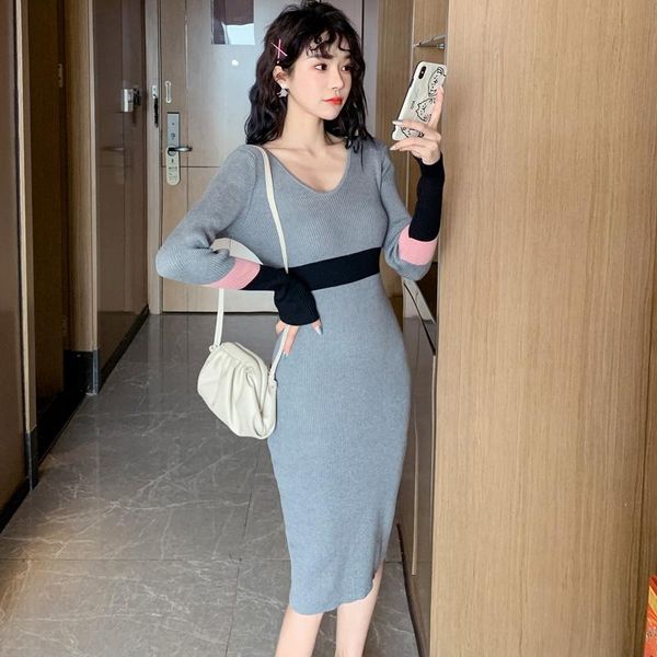 

casual dresses hayblst brand womens sweater dress fall 2021 winter vestidos kawaii elegant korean style long sleeve knitting slim cloth, Black;gray