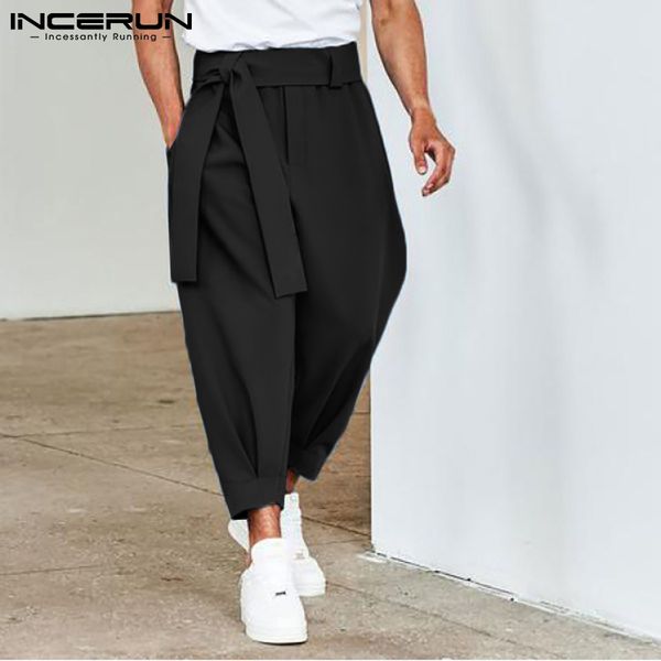 

incerun men's fashion solid color pants drawstring casual harem trouser chinomen's loose wide leg pant trousers s-5xl 7, Black