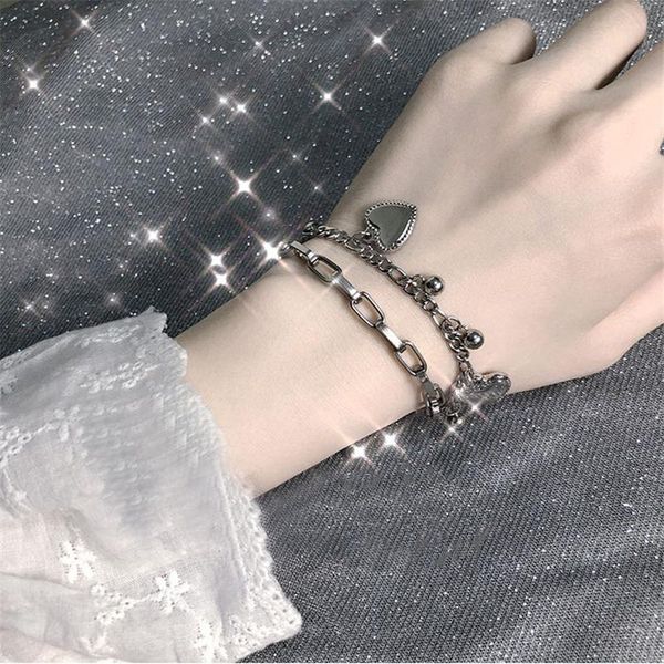 

link, chain women's bracelet punk hip hop multilayer love heart shaped bracelets for women trendy silver color geometric party jewelry, Black