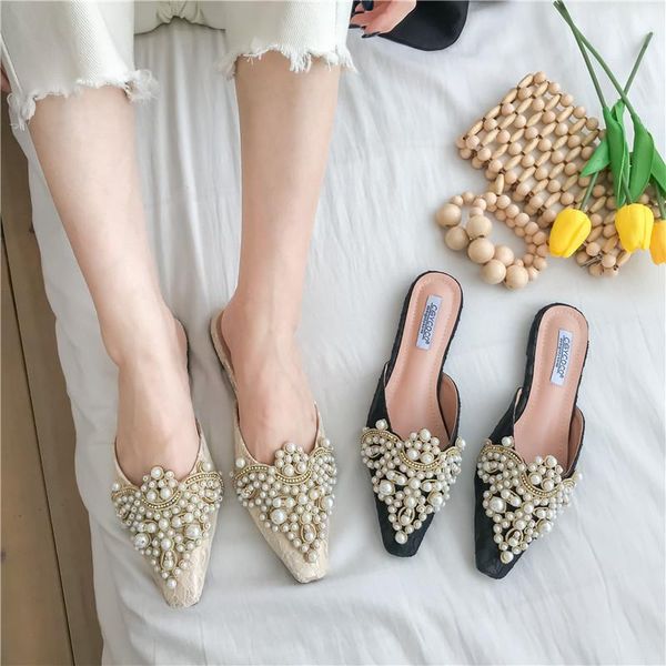 

slippers lace casual shoes woman 2021 loafers cover toe string bead pantofle glitter slides low luxury flat jelly rubber fab, Black
