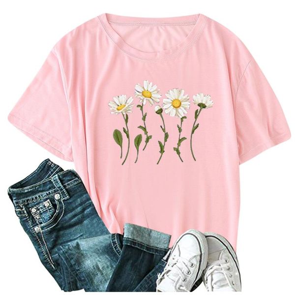 

women's t-shirt daisy print t-shirts fashion oversized simple small fresh o-neck short sleeve custom ropa mujer, White
