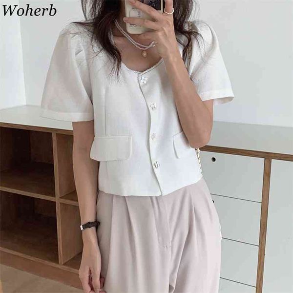 

summer short coat jacket women o-neck single breasted korean vintage elegant ladies cropped all match 210519, White;black
