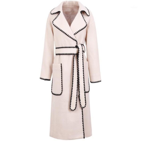 

women's wool & blends korean long coat and jacket women belt slim lapel casual outerwear female harajuku fashion autumn winter overcoat, Black