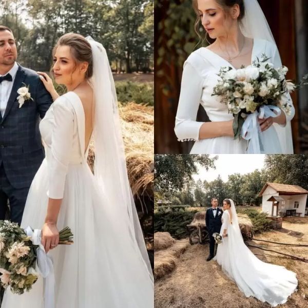 

2022 simple wedding dresses bridal gown scoop sheer v neck 3/4 long sleeves chapel train castle custom made plus size country vestidos de no, White