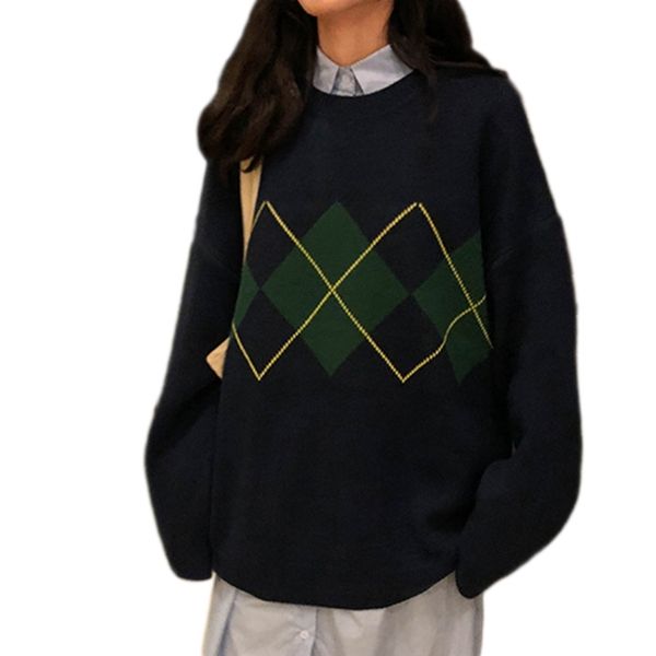 

women's sweaters women long sleeve o-neck sweater argyle plaid pattern oversized knitwear mobm, White;black