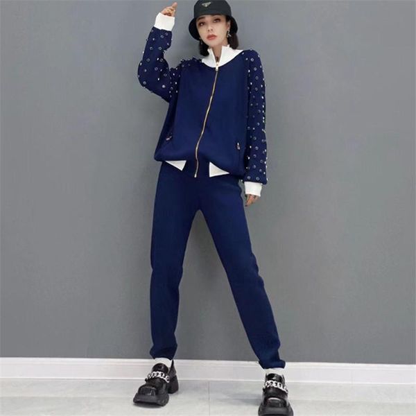 

women's two piece pants knitted suit women high-quality spring autumn stitching zipper + elastic waist casual trousers fashion two-piec, White