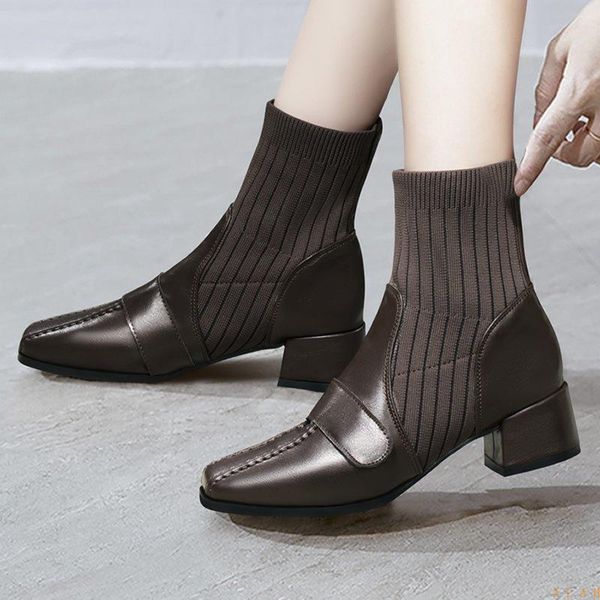 

boots women's socks autumn and winter thick heel leather mid-heel elastic ankle thin nude, Black