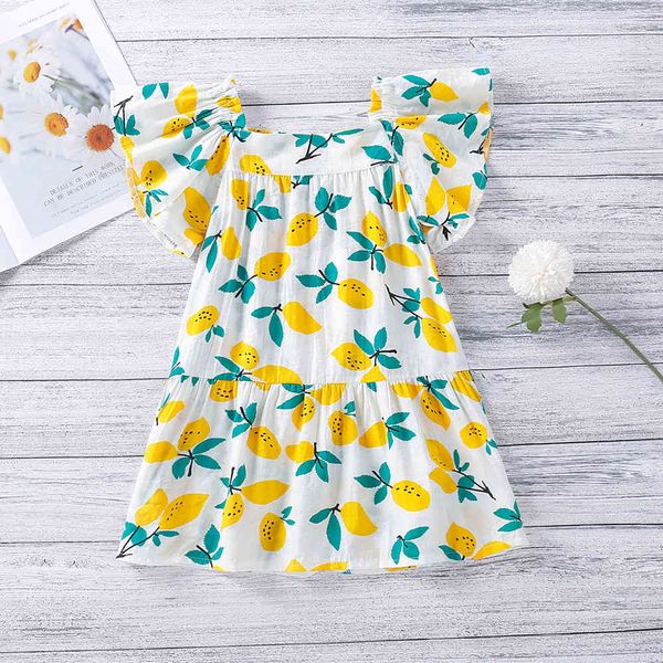 

fashion square neck lemon print dress for girl children clothing summer cute flying sleeve 210515, Red;yellow