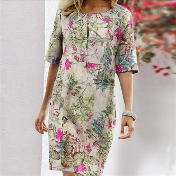 

autumn cotton linen spring button womens dresses o neck printing knee party women long sleeve plus size 4xl, Black;gray